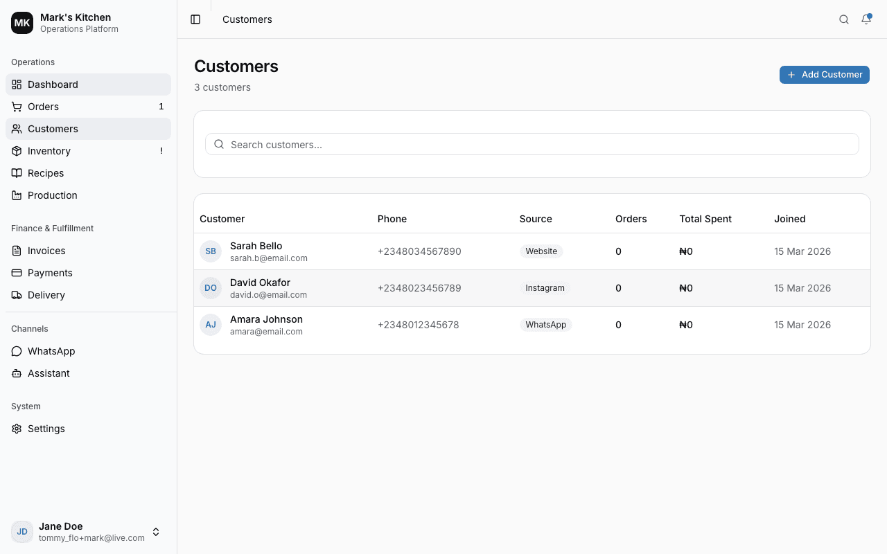 Customer management with order history