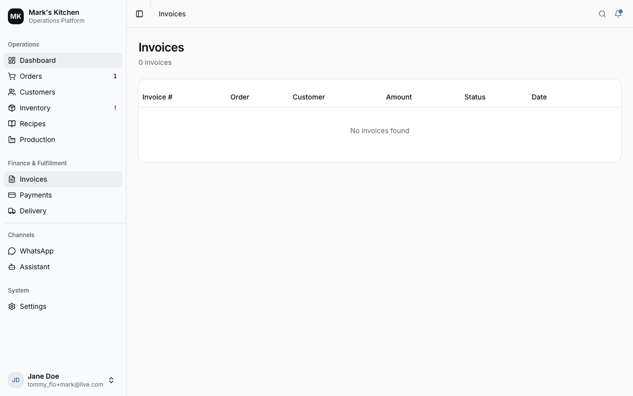Invoices page with status tracking and actions