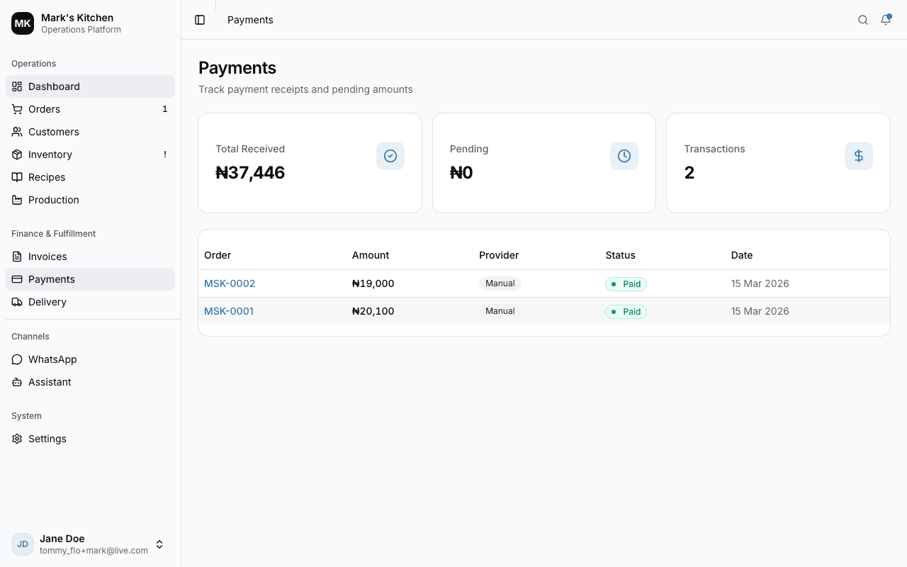 Payments tracking with provider and status